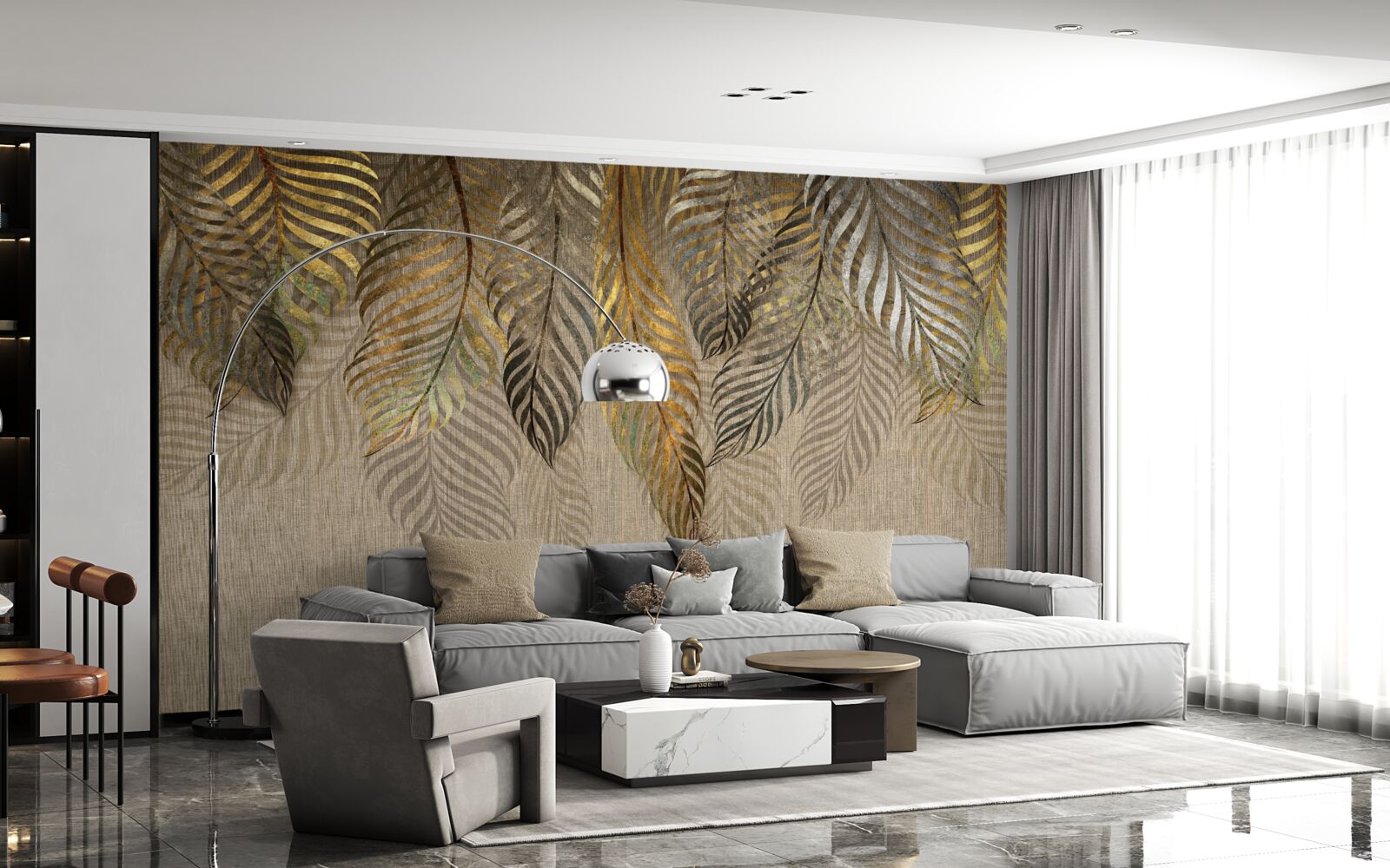Papier peint branches de bananiers recouvertes d'or