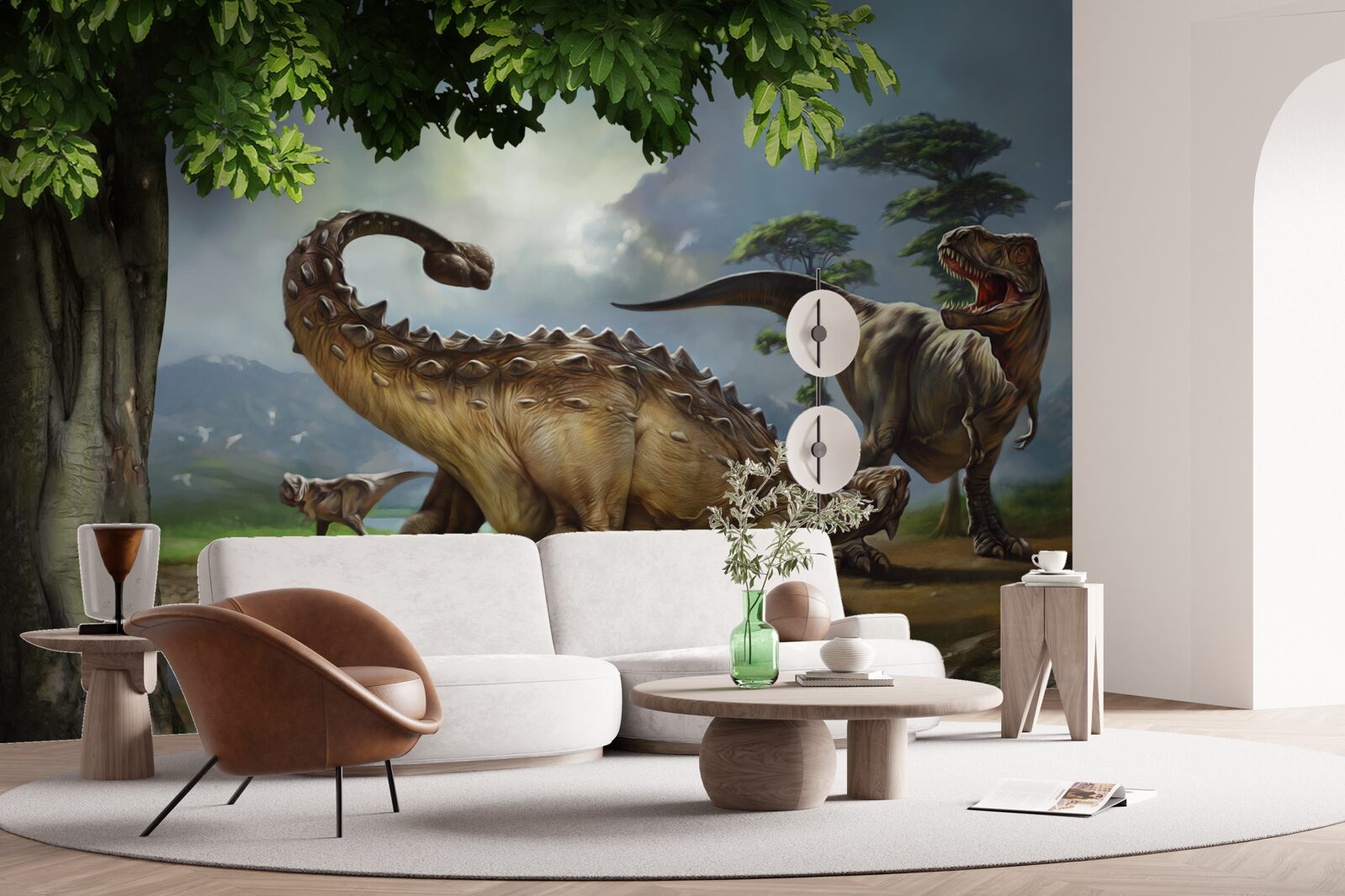 Papier peint les dinosaures vivent dans la forêt près de l'étang