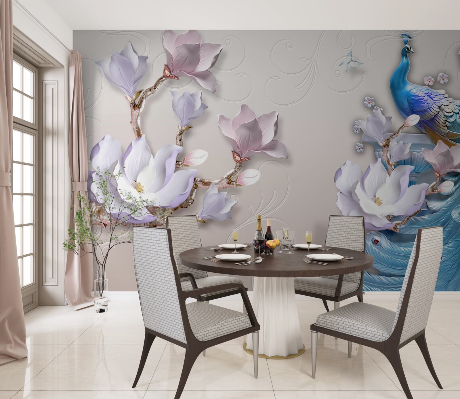 Papier peint des magnolias blancs décorent le paon