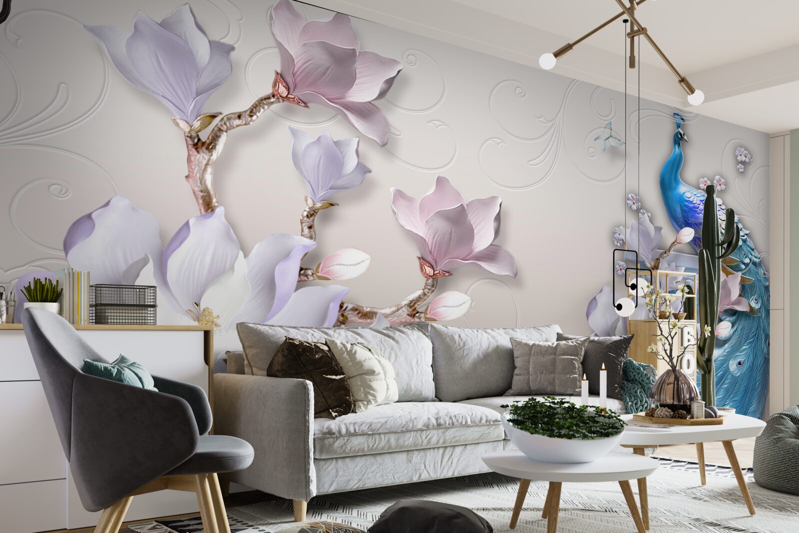 Papier peint des magnolias blancs décorent le paon