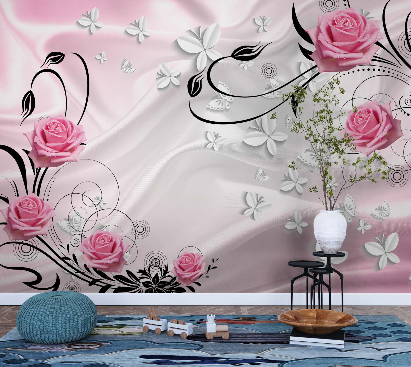 Papier peint roses roses sur fond de soie blanc neige