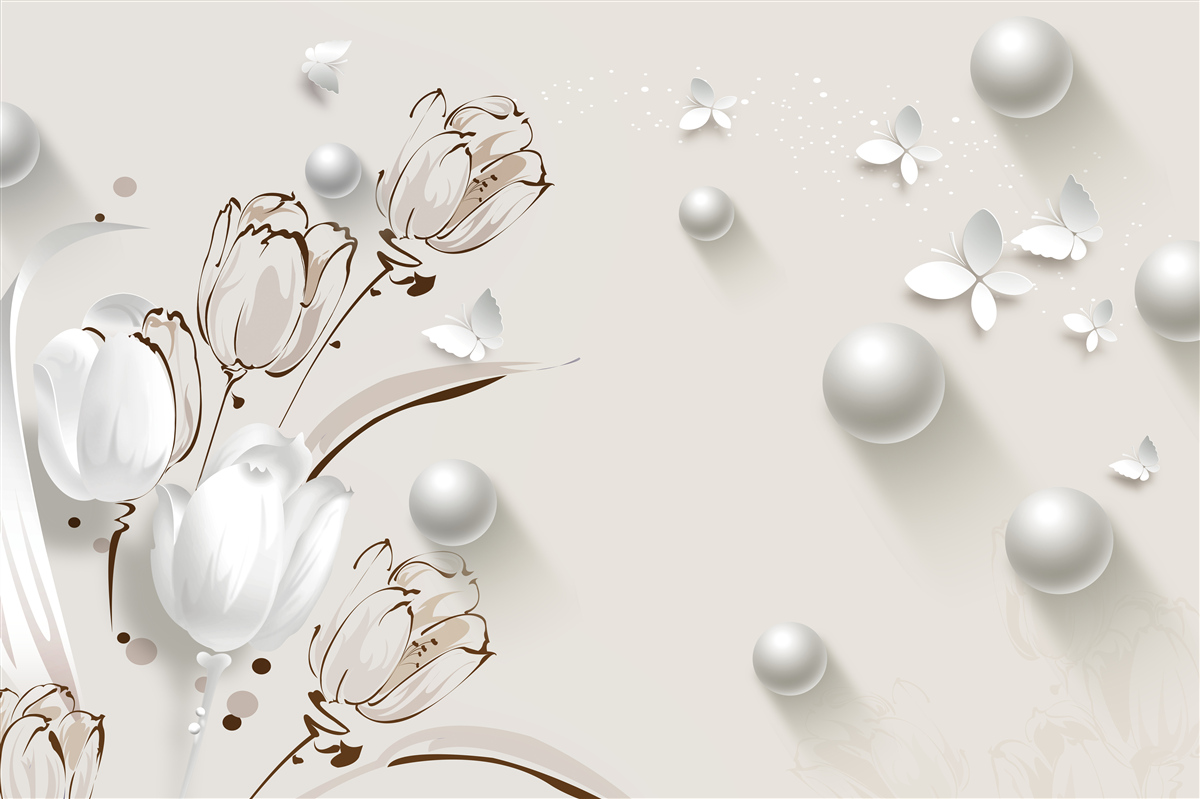 Papier peint des fleurs en or et perles dans une teinte blanche comme neige
