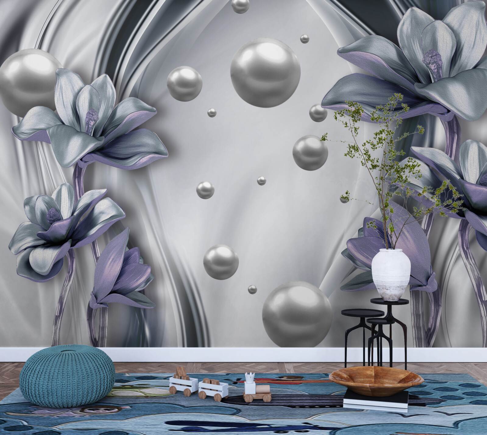 Papier peint reflet de perles et de fleurs dans l'eau