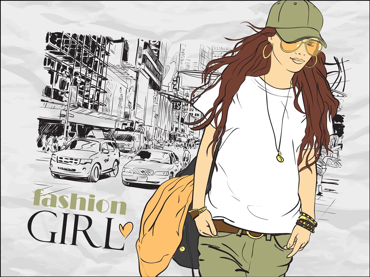 Papier peint femme élégante sur fond urbain