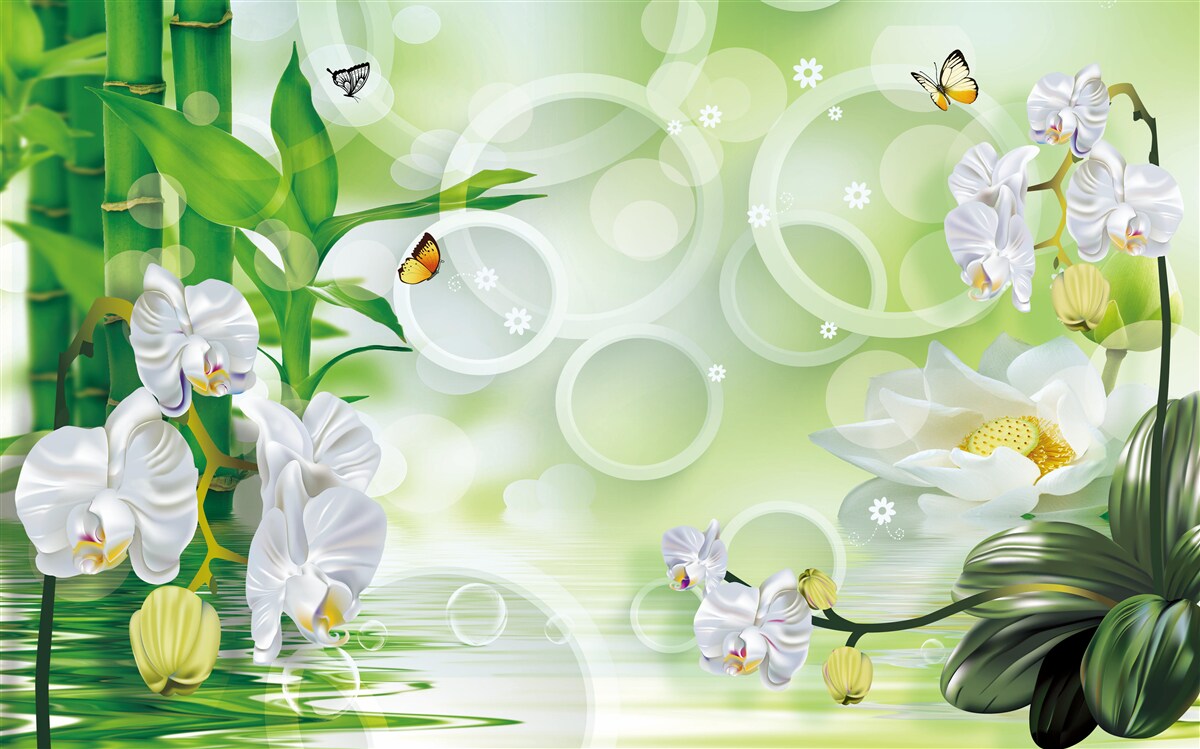 Papier peint l'eau qui se marie harmonieusement avec les orchidées blanches et les bambous