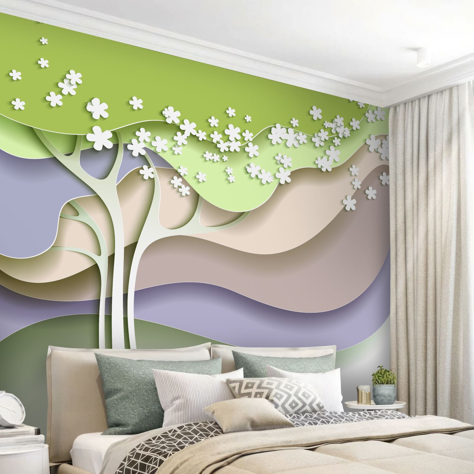 Papier peint abstraction d'un arbre à fleurs avec des feuilles