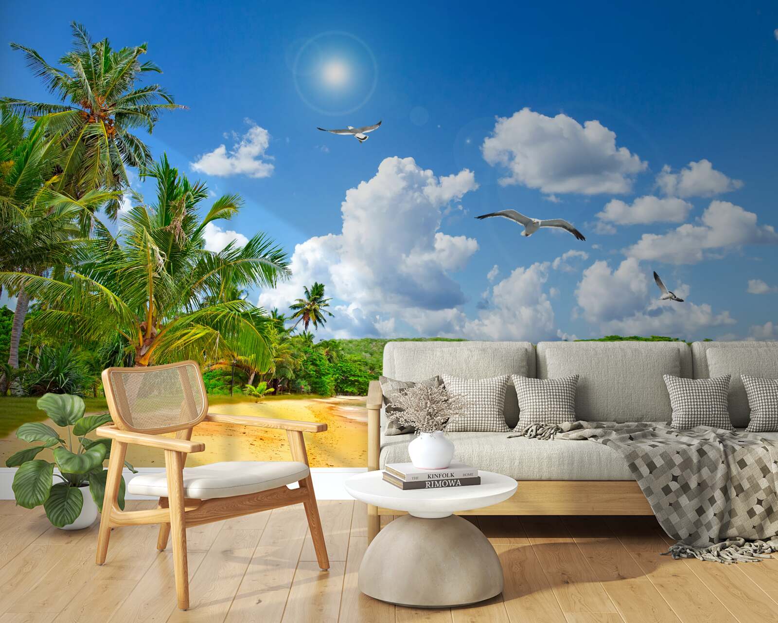 Papier peint île tropicale avec une plage sous le soleil