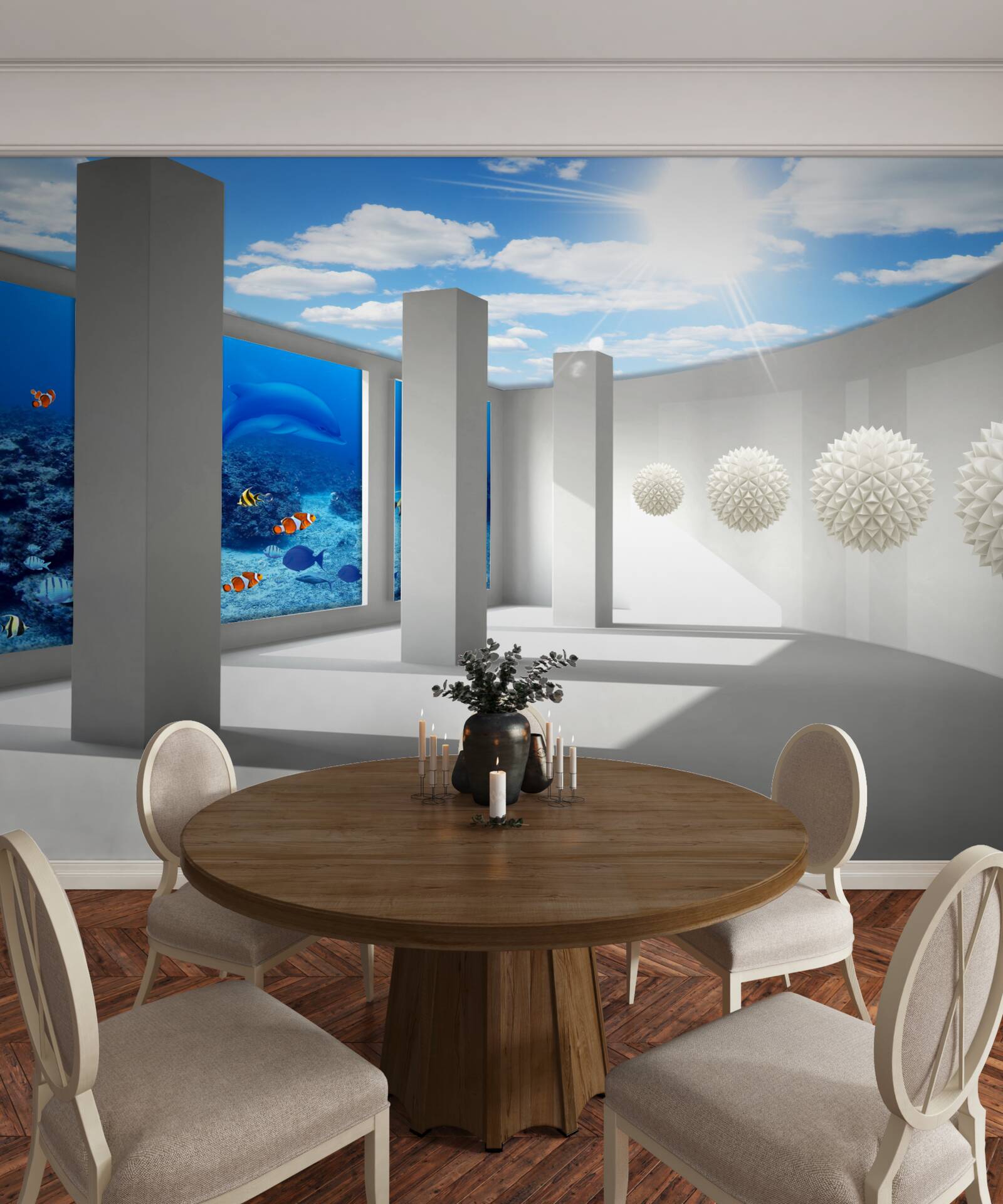 Papier peint boules de spire flottant dans l'aquarium