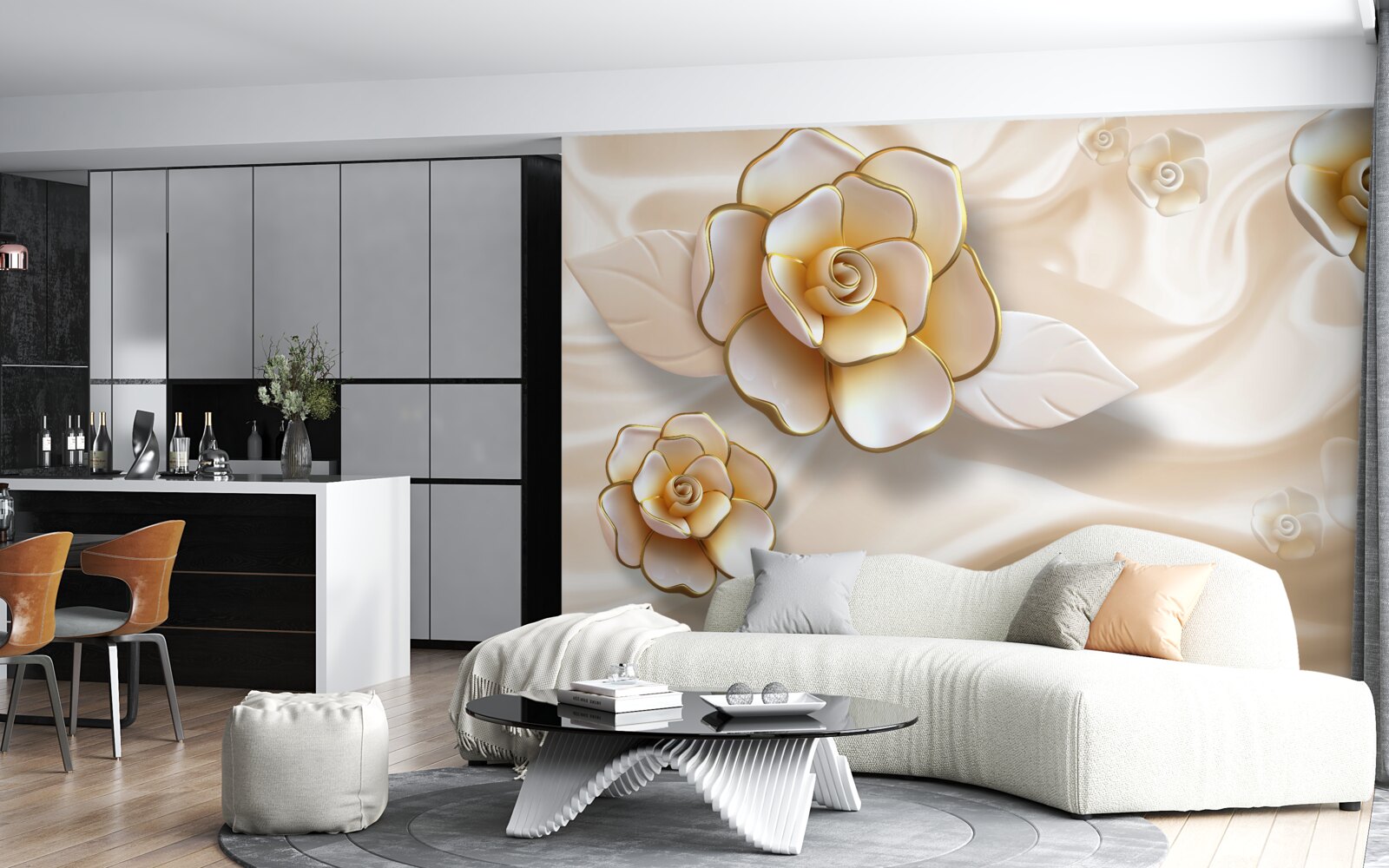 Papier peint roses blanches luxueuses aux reflets dorés