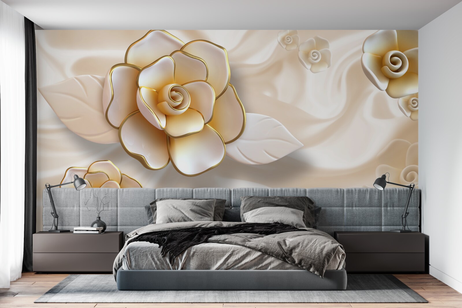 Papier peint roses blanches luxueuses aux reflets dorés