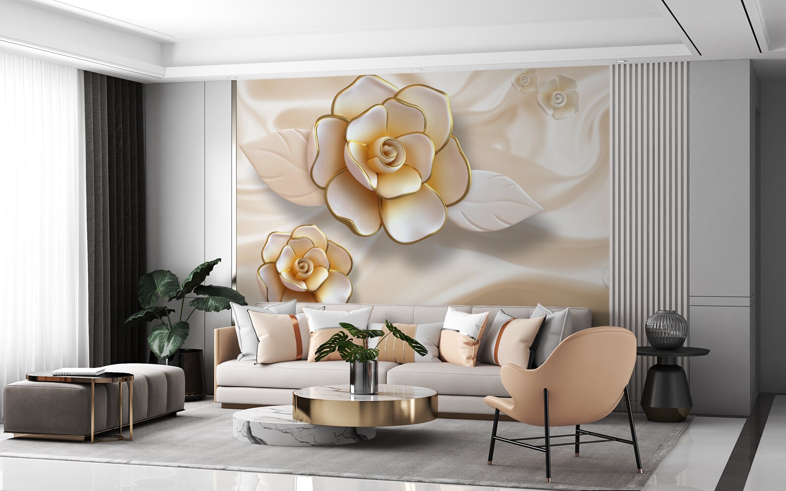 Papier peint roses blanches luxueuses aux reflets dorés