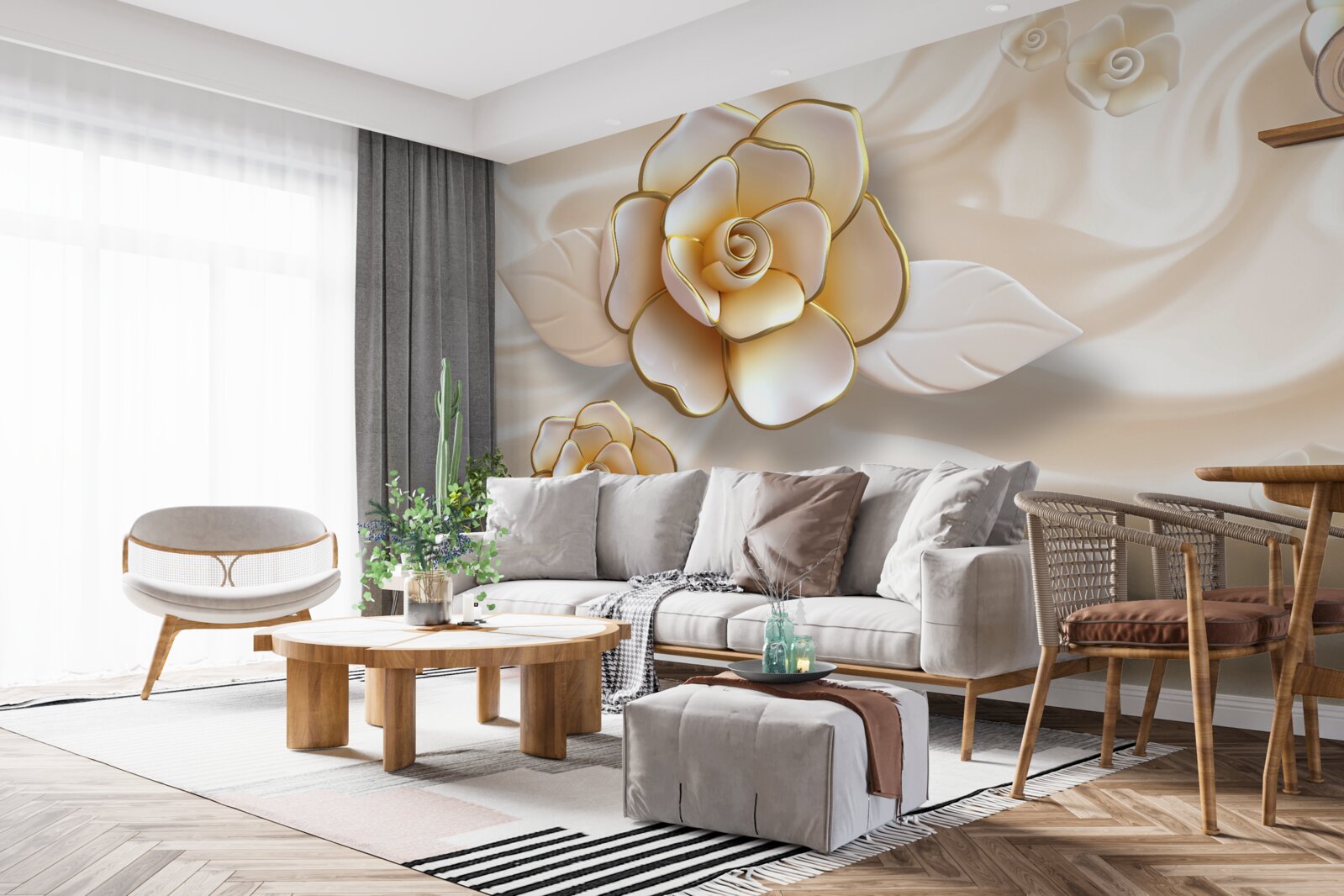 Papier peint roses blanches luxueuses aux reflets dorés