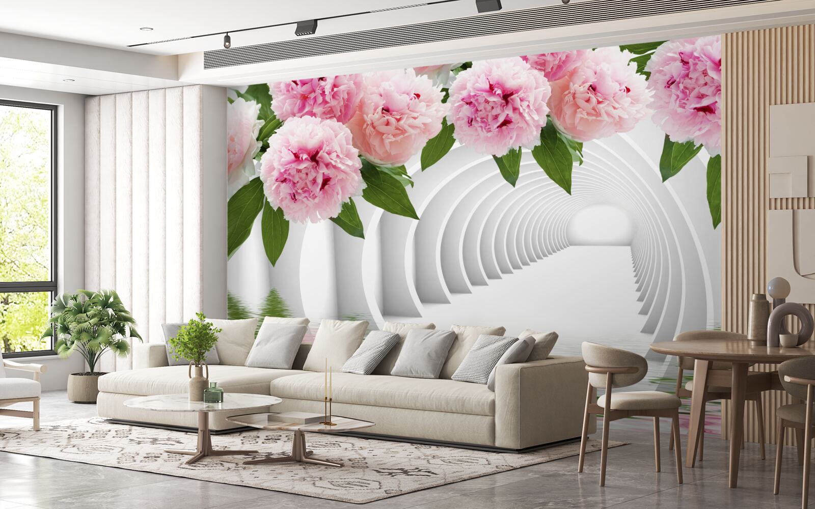 Papier peint pivoines roses au-dessus de la surface de l'eau