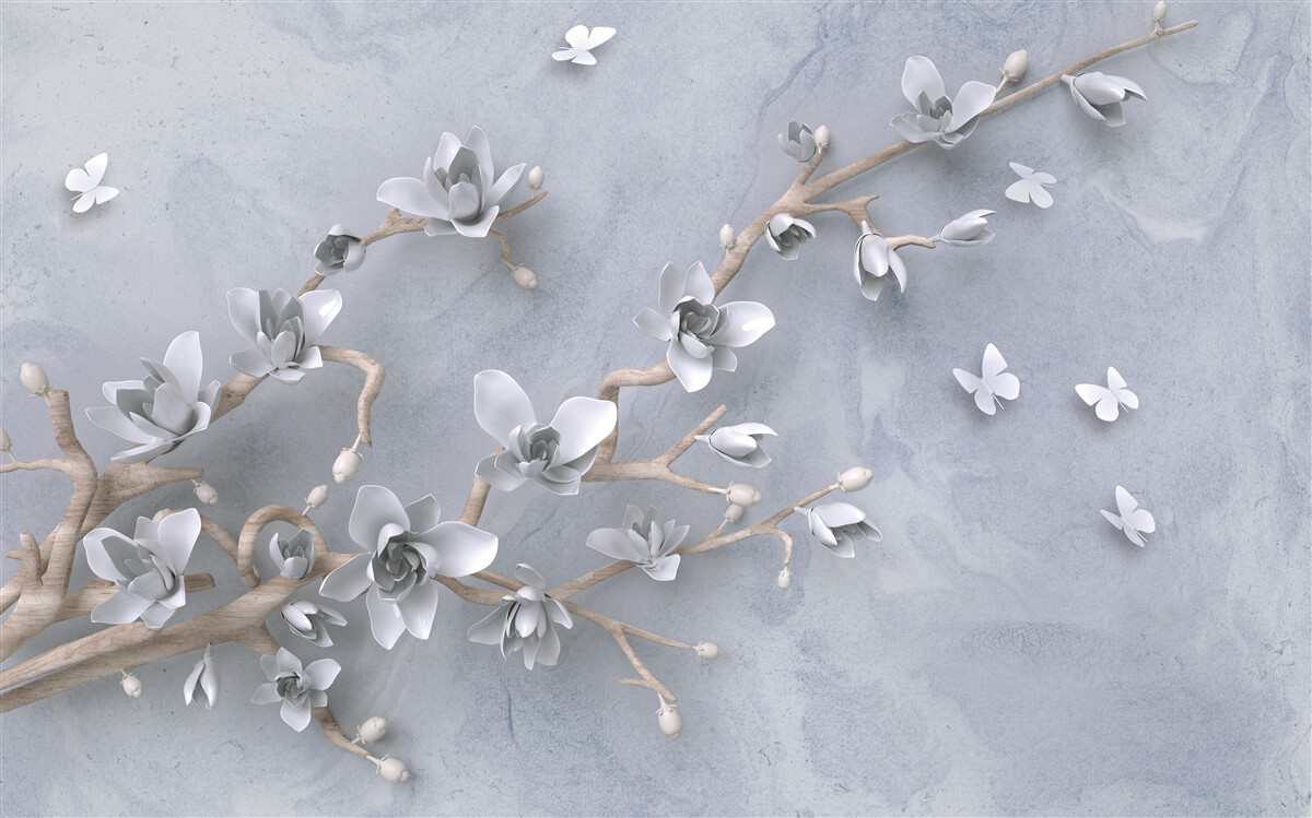 Papier peint fleurs sur une branche sur fond gris