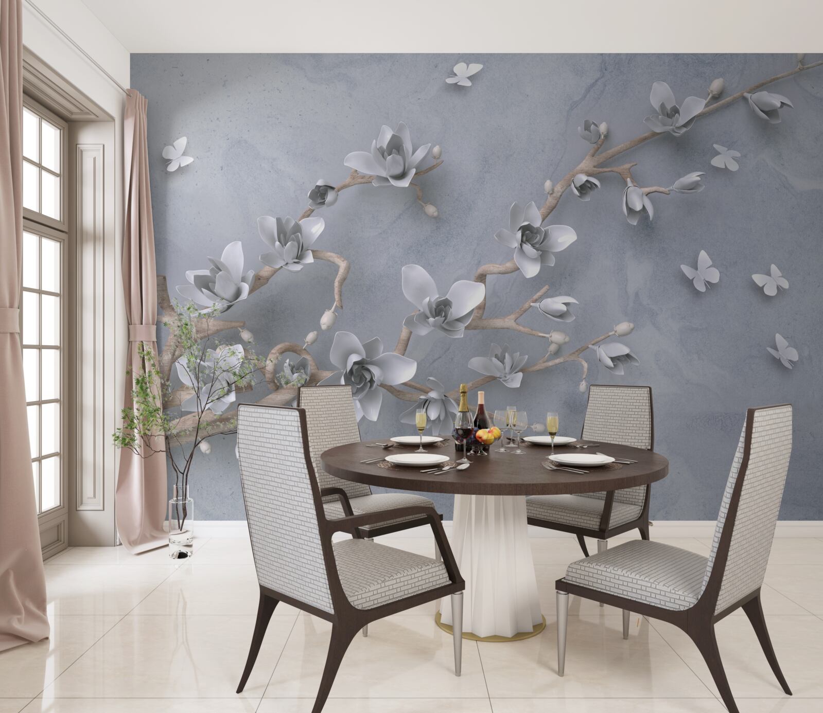 Papier peint fleurs sur une branche sur fond gris