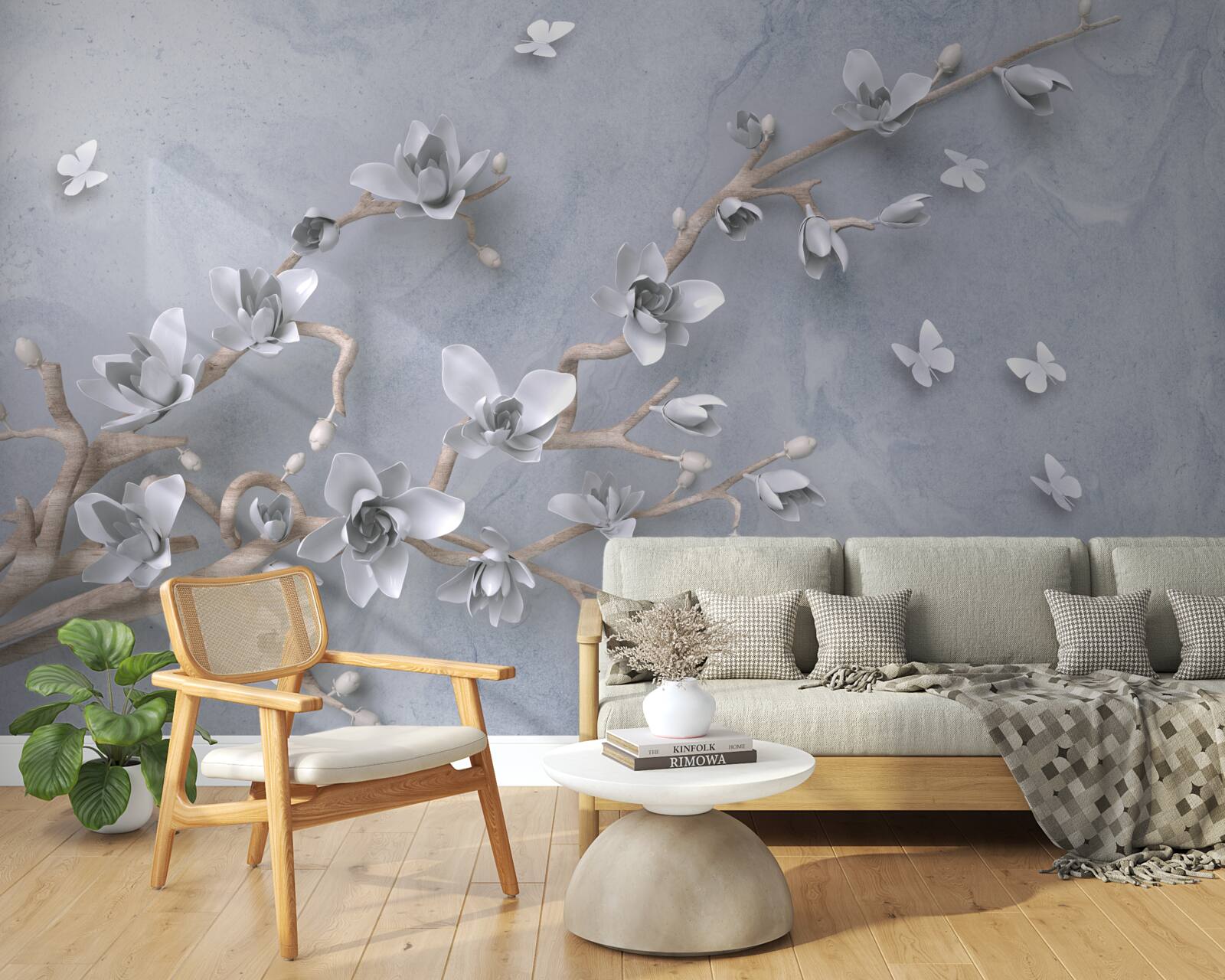 Papier peint fleurs sur une branche sur fond gris