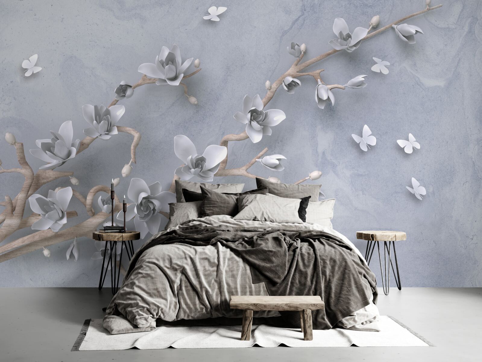 Papier peint fleurs sur une branche sur fond gris