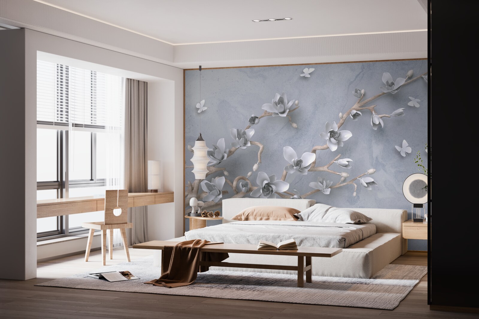 Papier peint fleurs sur une branche sur fond gris