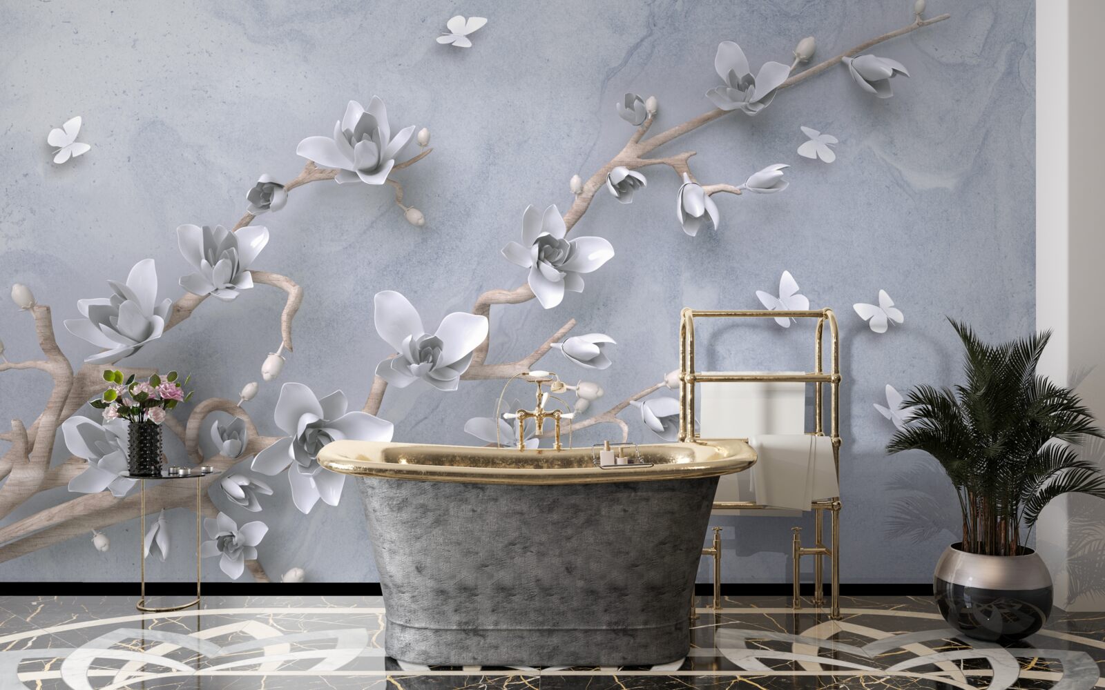 Papier peint fleurs sur une branche sur fond gris