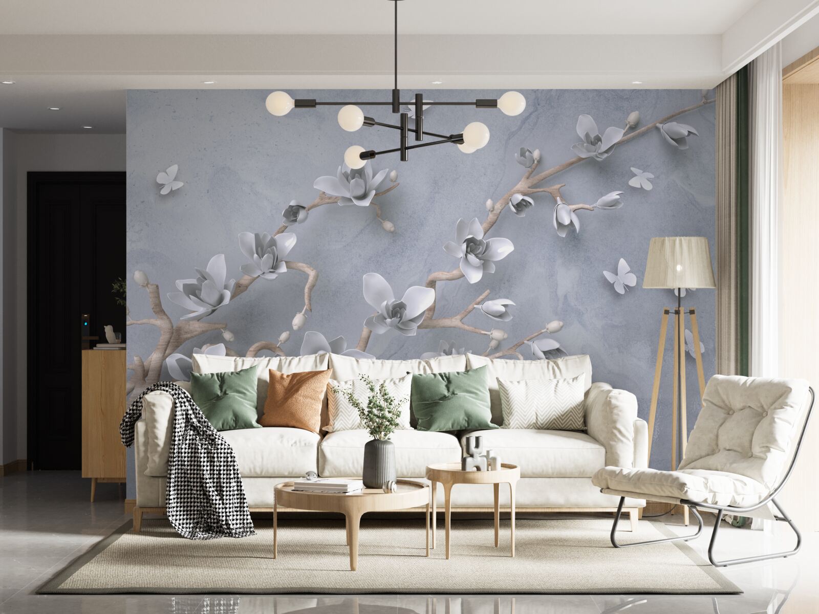 Papier peint fleurs sur une branche sur fond gris