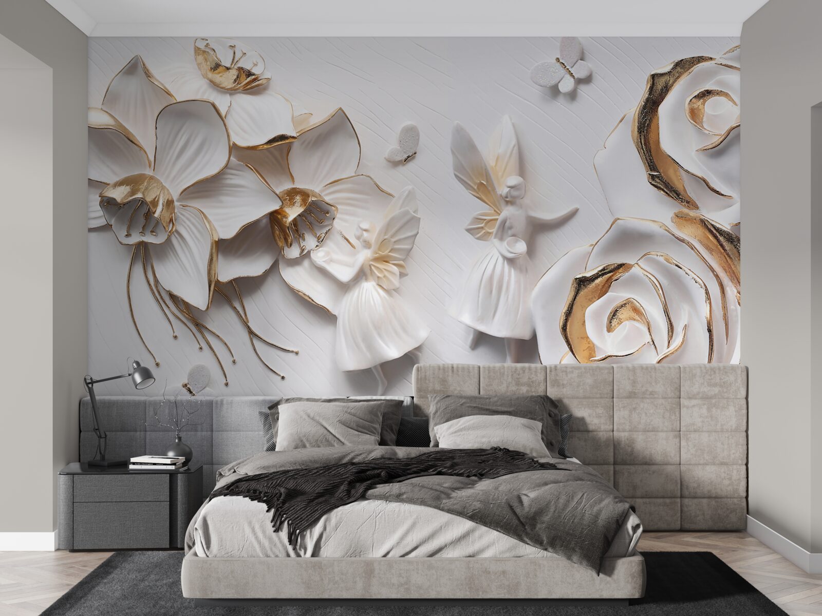 Papier peint papillons et or sur fond de fleurs blanches