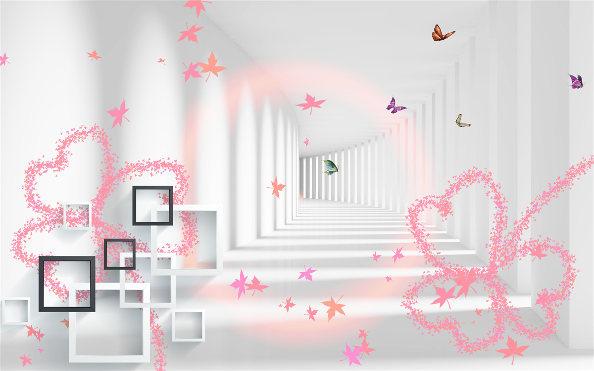 Papier peint tunnel abstrait avec papillons volants et cœurs roses