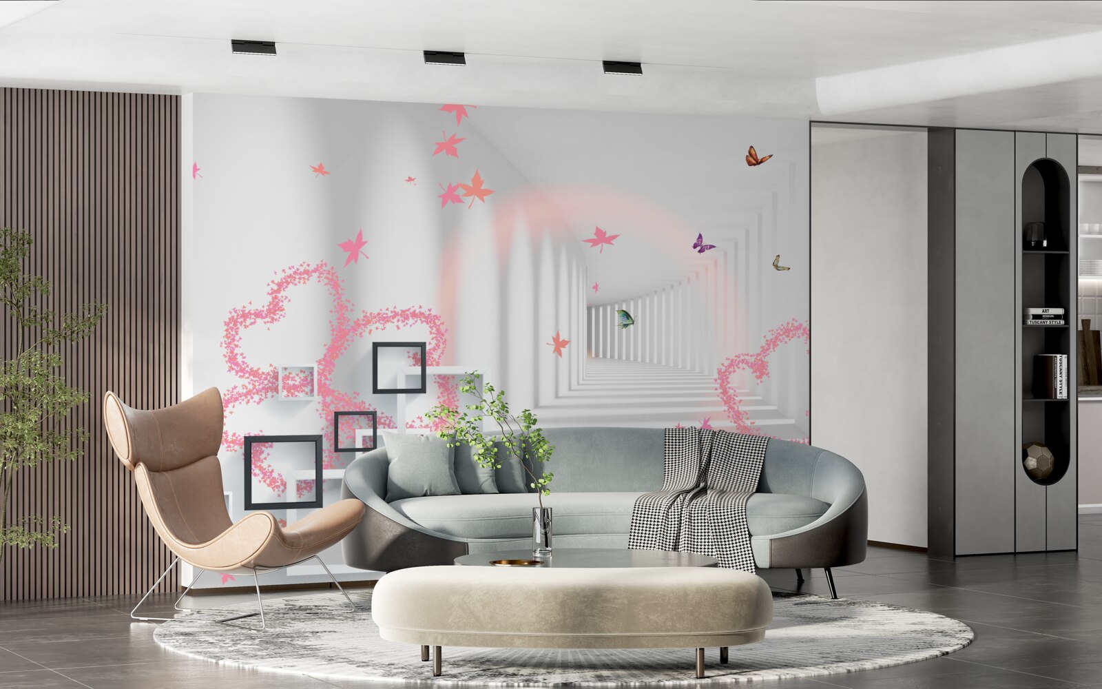 Papier peint tunnel abstrait avec papillons volants et cœurs roses