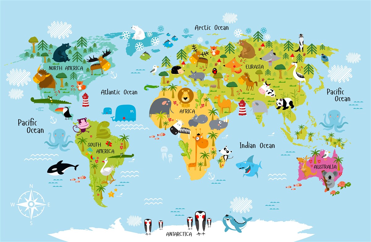 Papier peint carte du monde de style bande dessinée