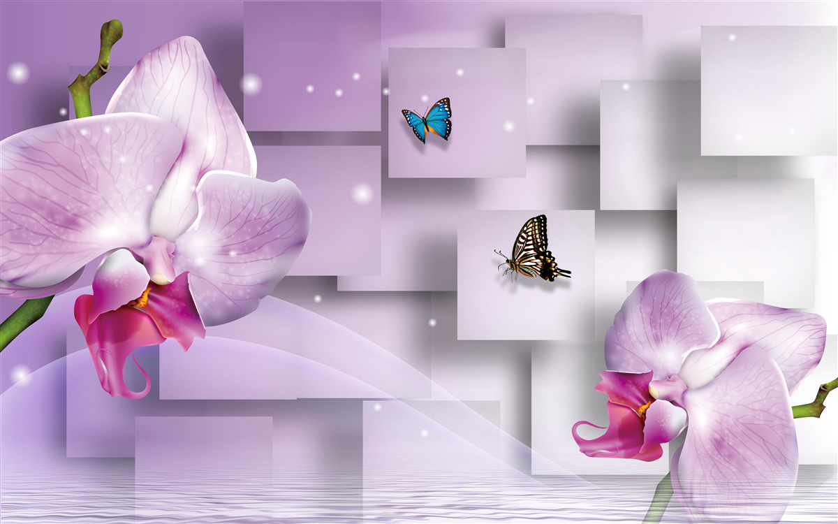 Papier peint orchidée lilas et papillons disposés sur un motif géométrique