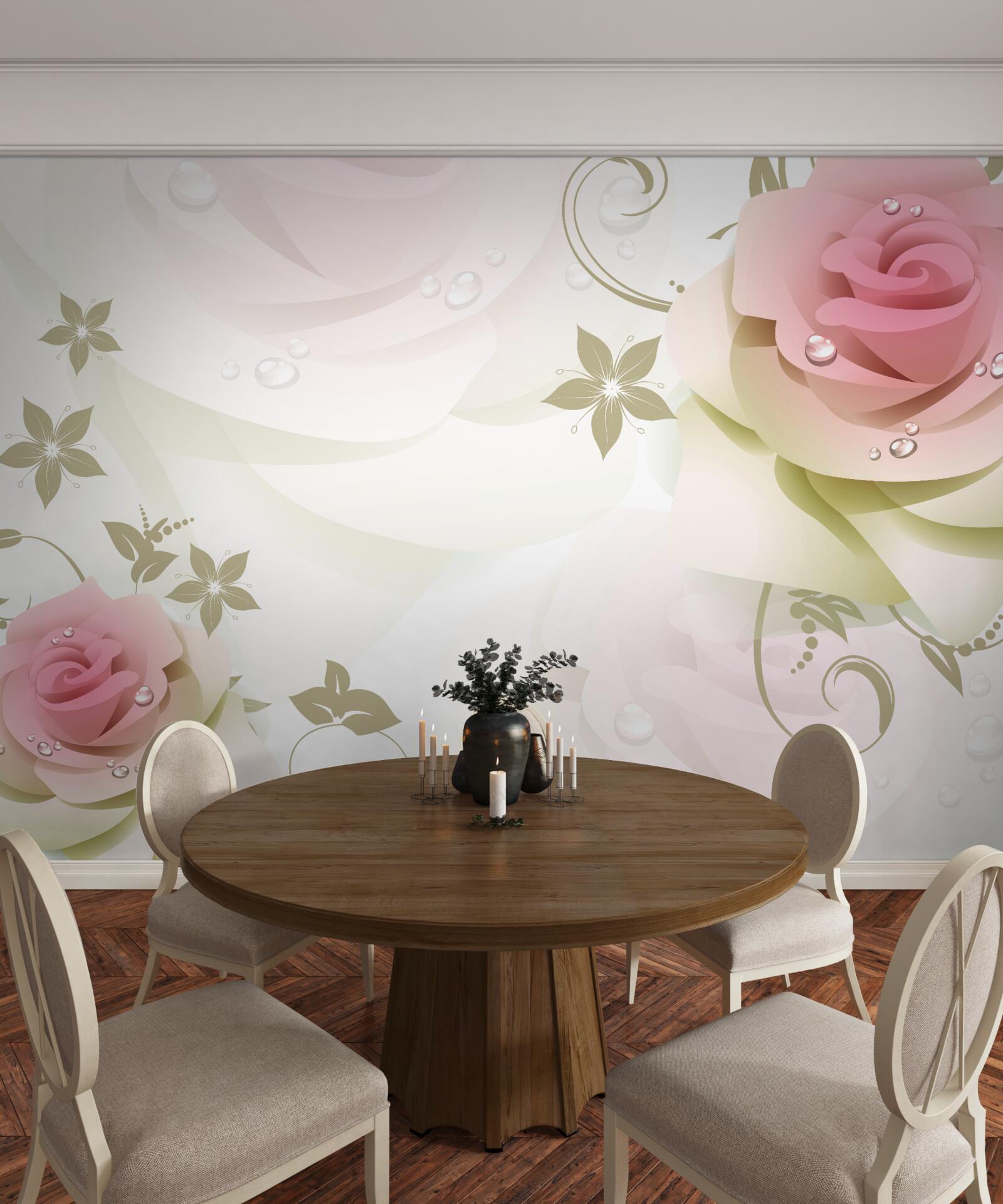 Papier peint de minces bourgeons roses avec des gouttelettes nacrées