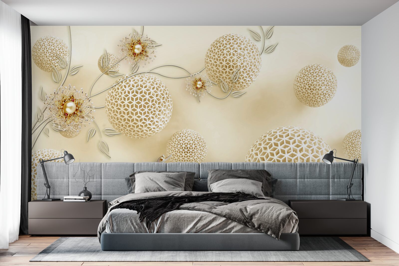 Papier peint Les cygnes planent dans le ciel et les fleurs s'éclaircissent comme du bronze.