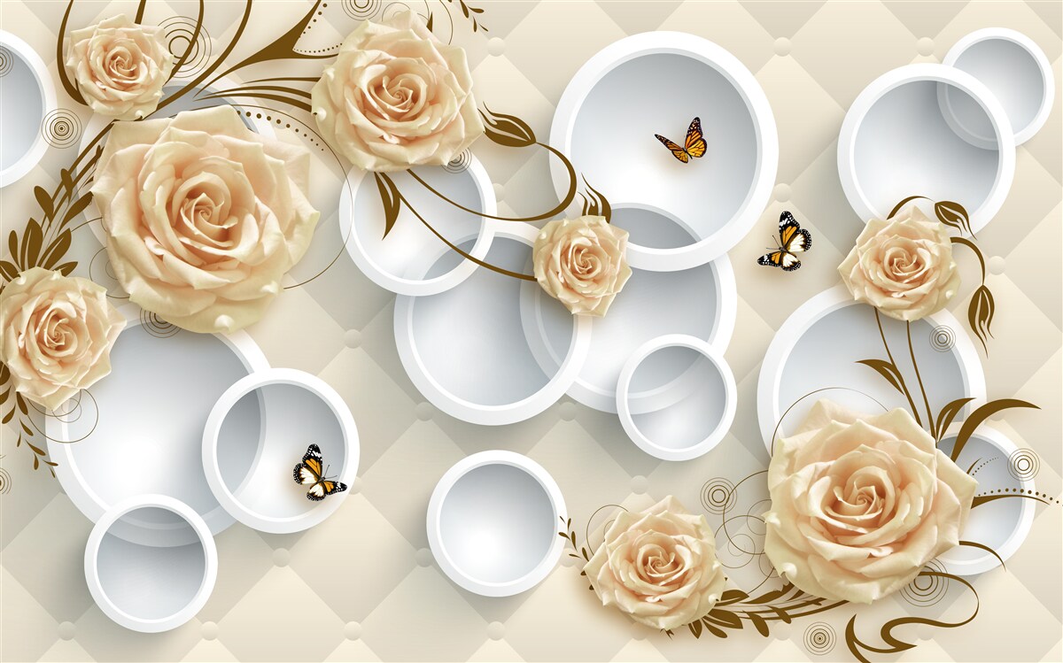Papier peint cercles et papillons blancs sur roses brunes