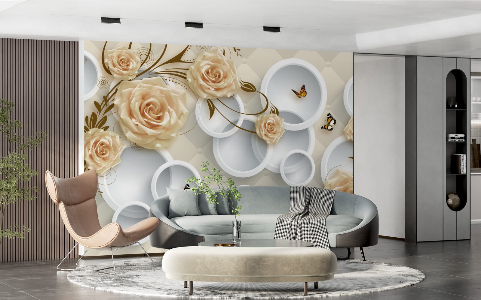 Papier peint cercles et papillons blancs sur roses brunes