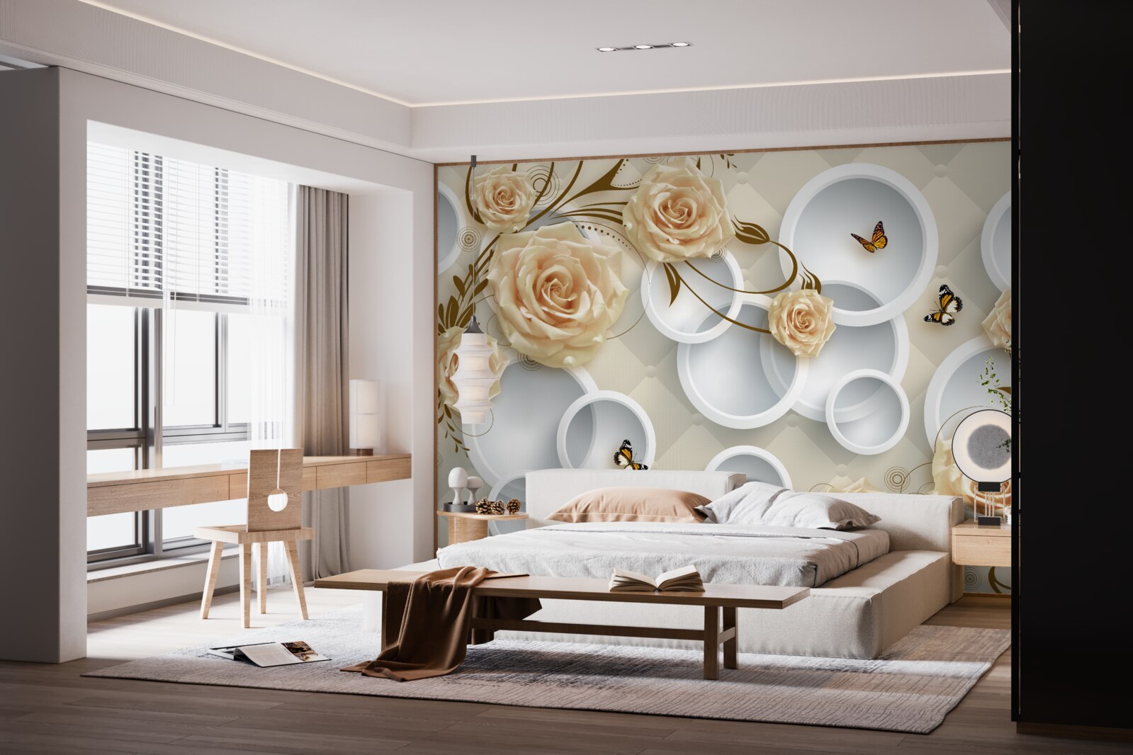 Papier peint cercles et papillons blancs sur roses brunes