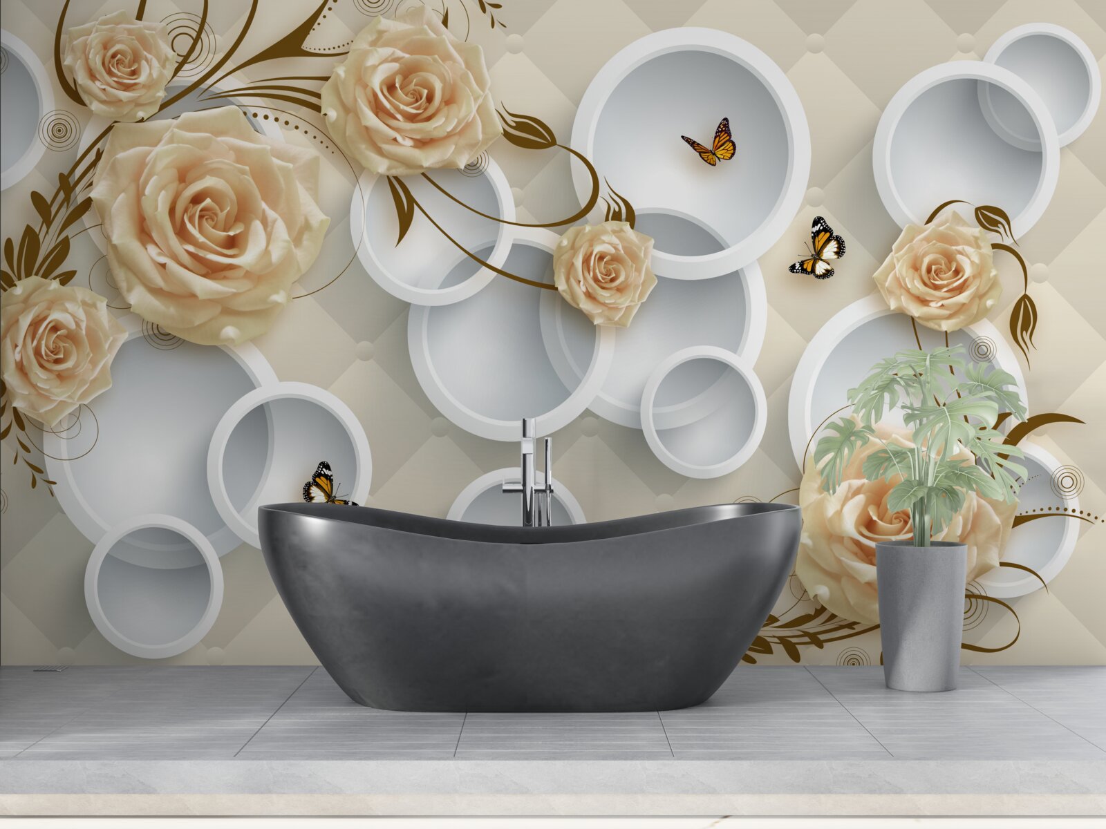 Papier peint cercles et papillons blancs sur roses brunes