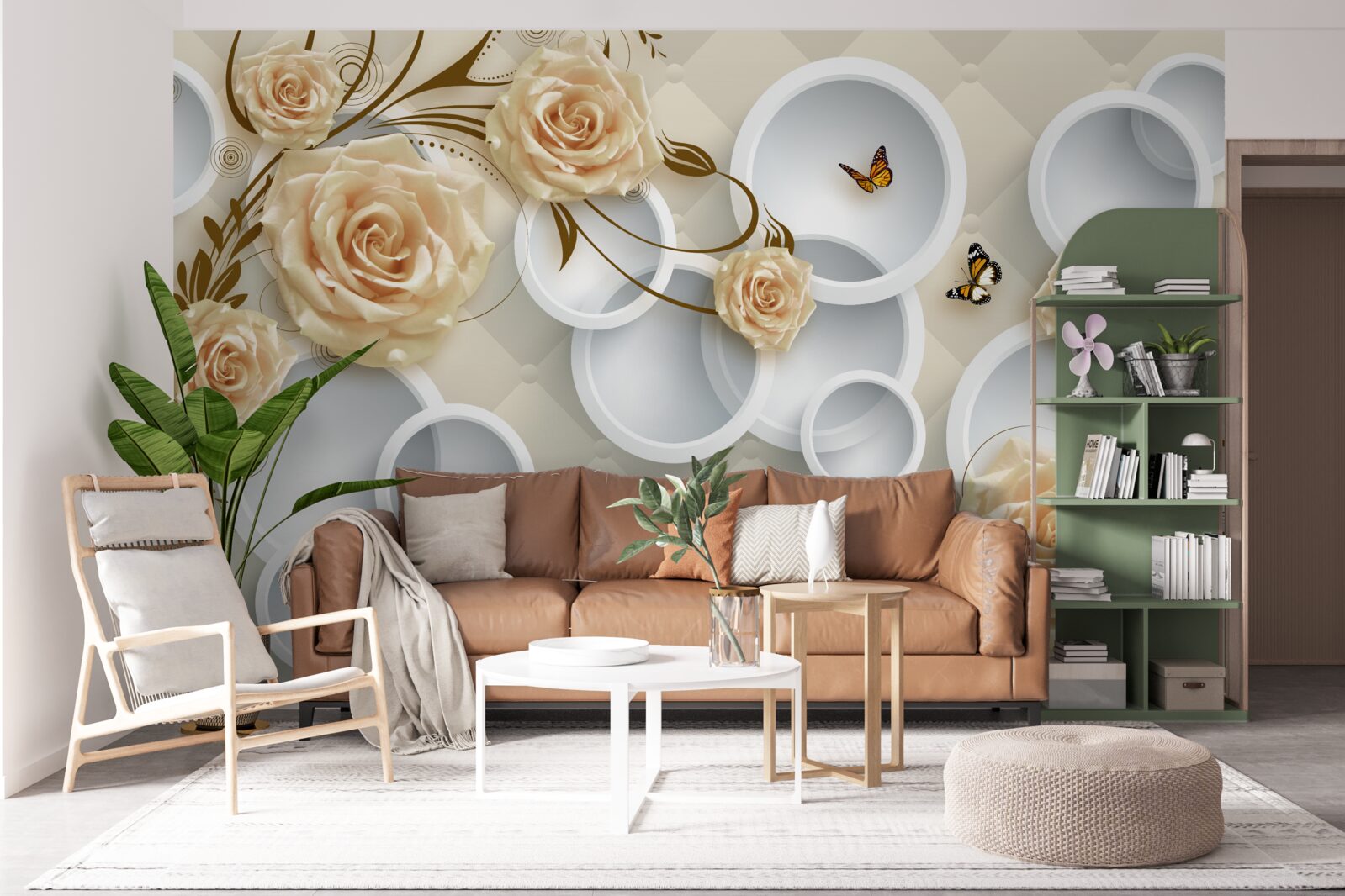 Papier peint cercles et papillons blancs sur roses brunes
