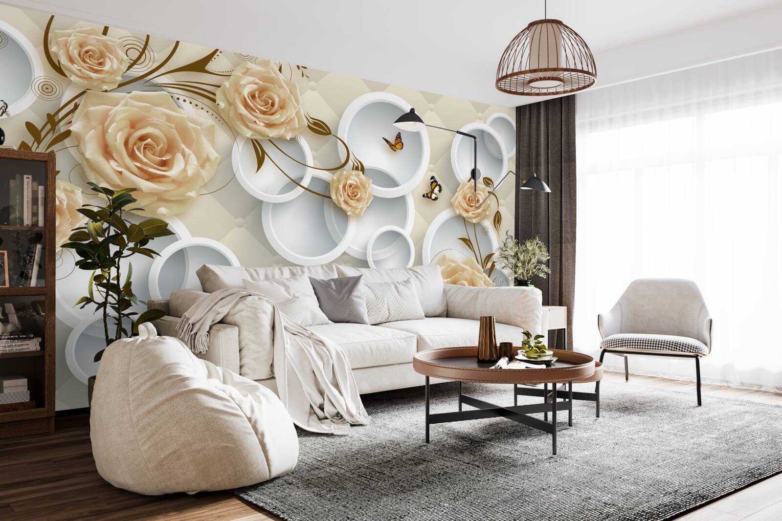 Papier peint cercles et papillons blancs sur roses brunes