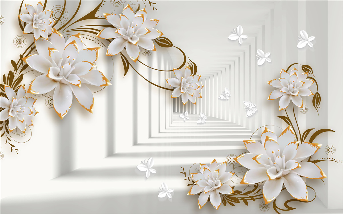 Papier peint décorations dorées sur des lotus blancs dans le couloir
