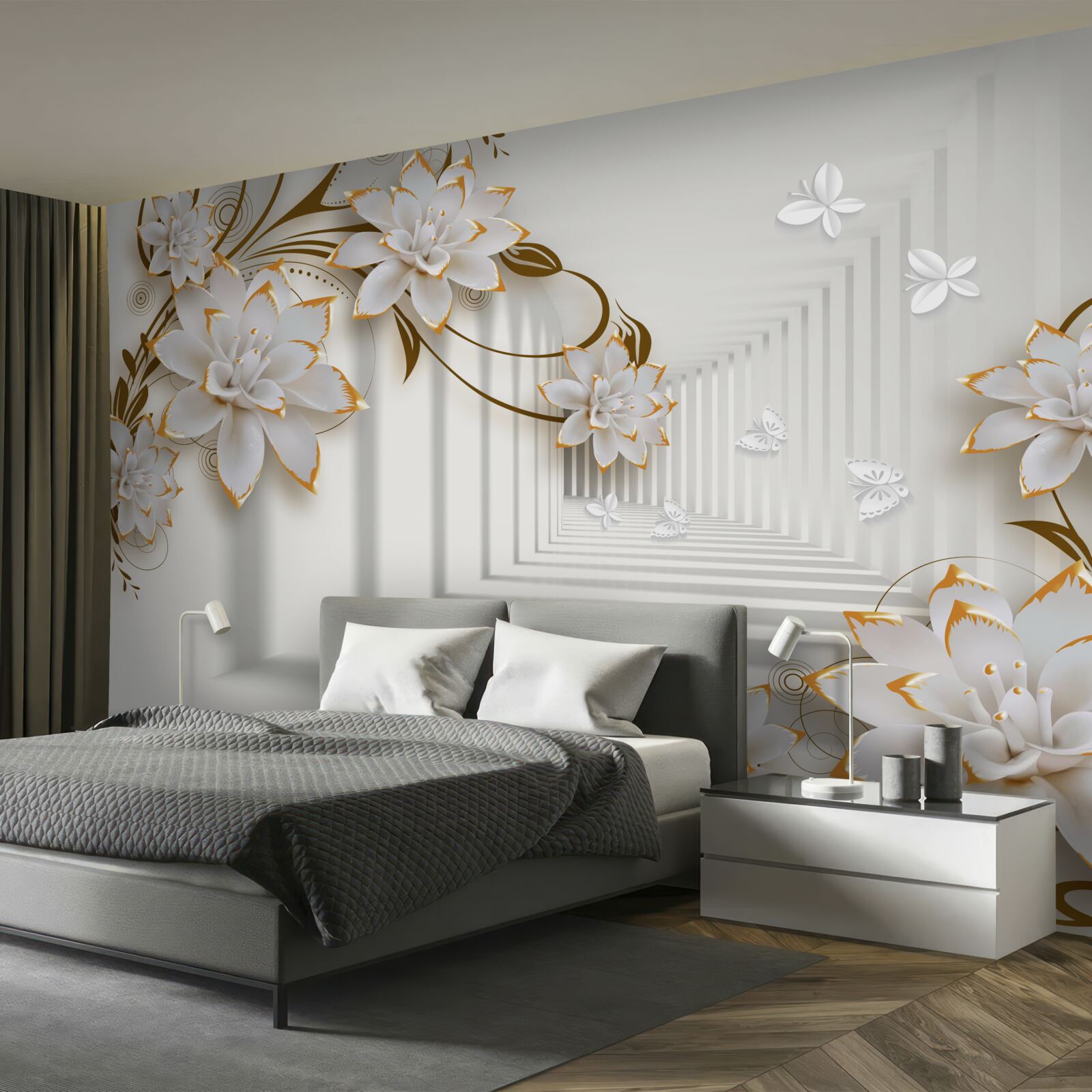 Papier peint décorations dorées sur des lotus blancs dans le couloir