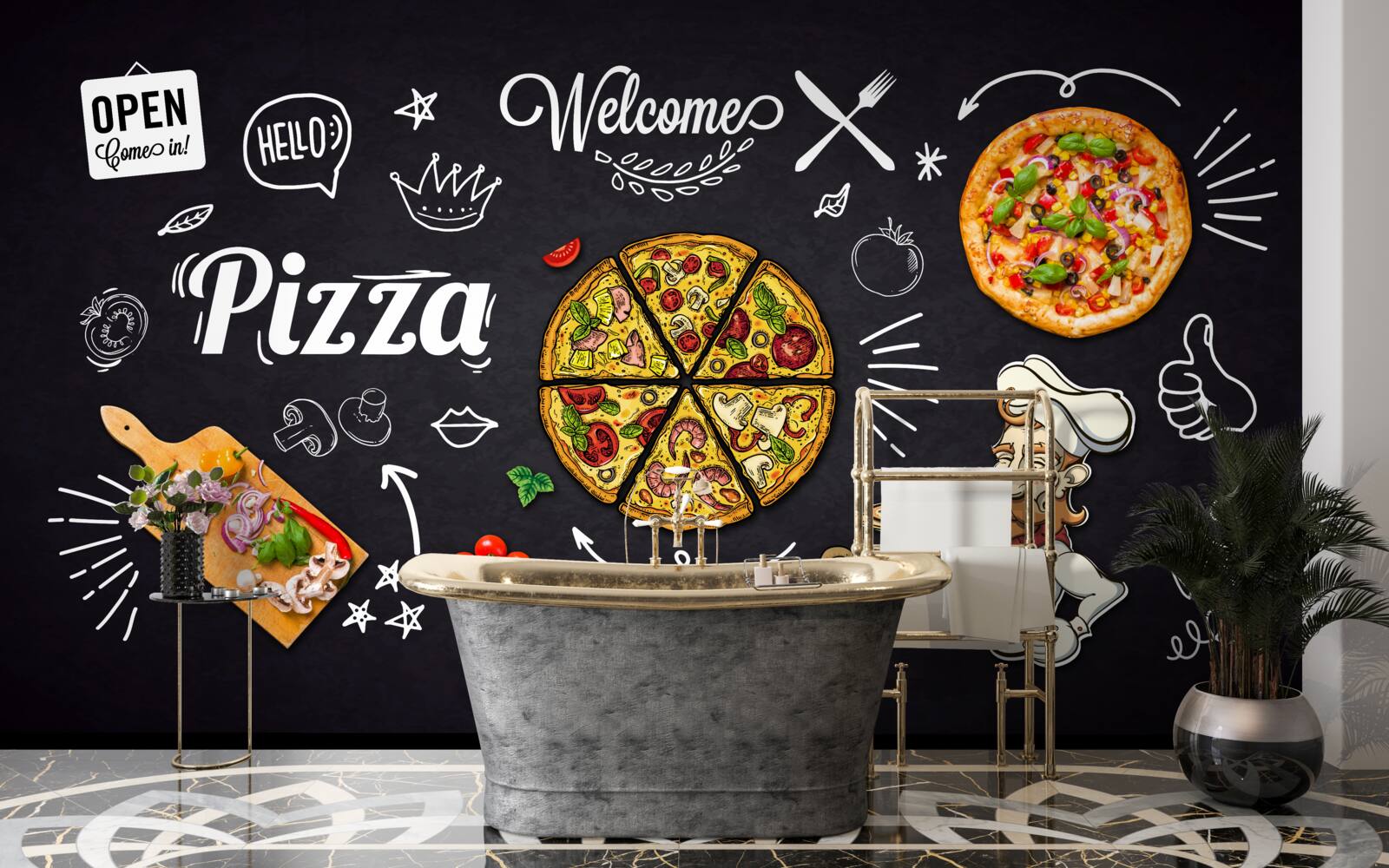 Papier peint cuisiner avec de la pizza