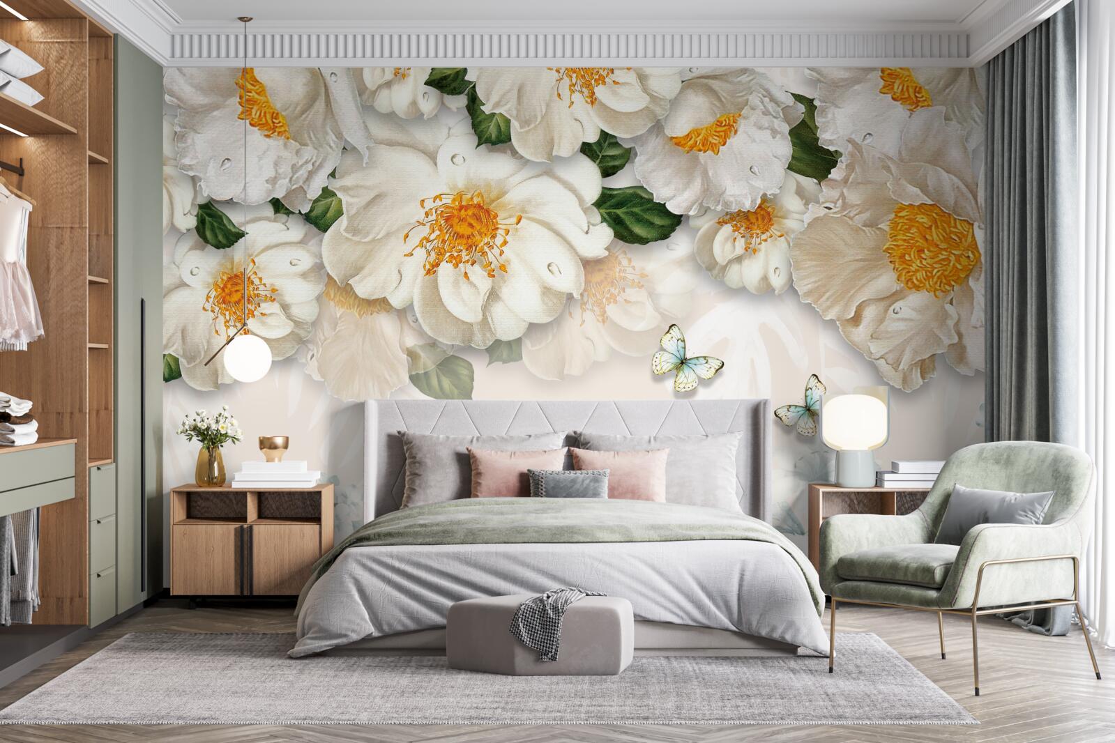 Papier peint Les papillons de nuit sont attirés par les plantes blanches