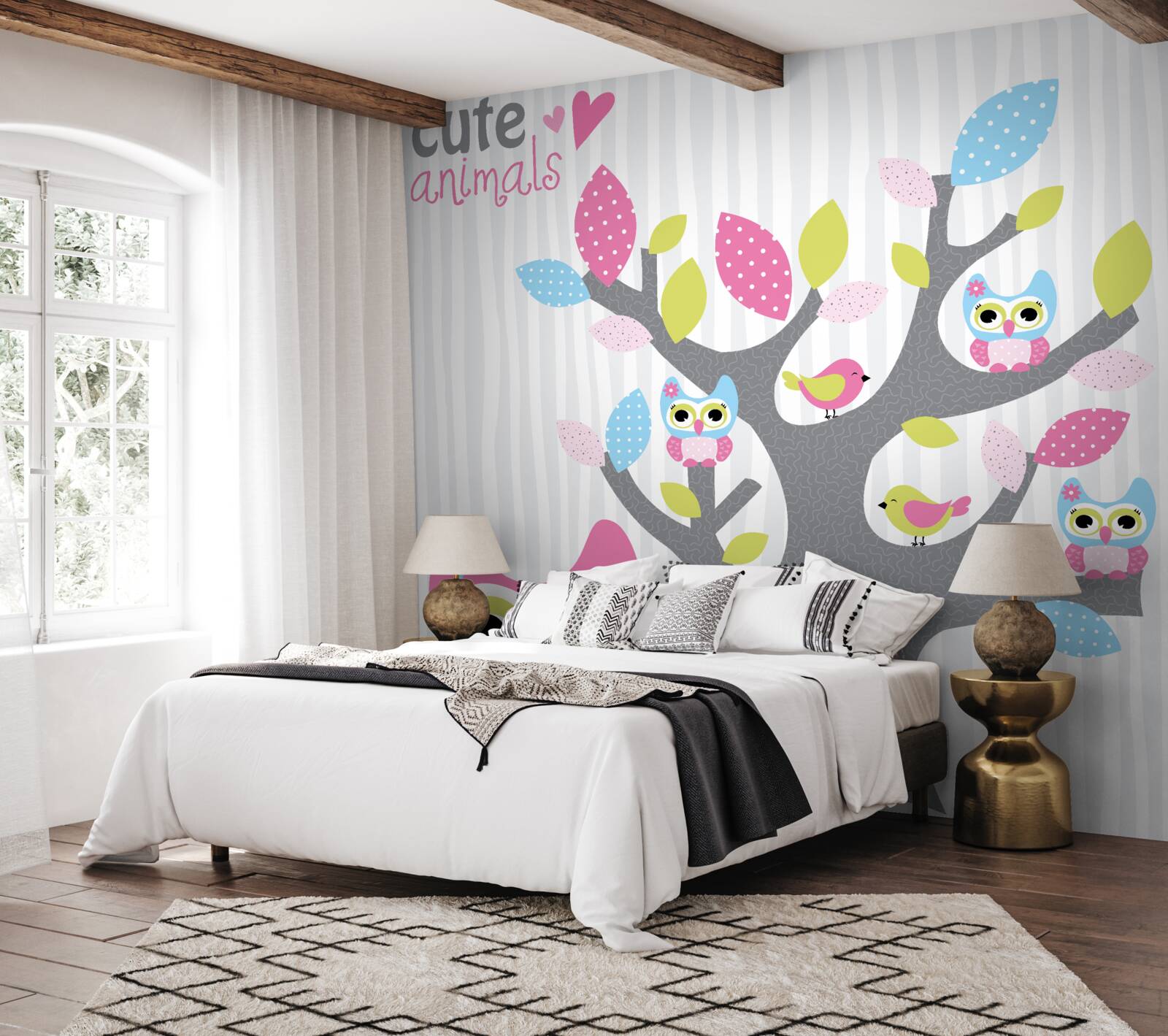 Papier peint poussins de chouettes sur les branches