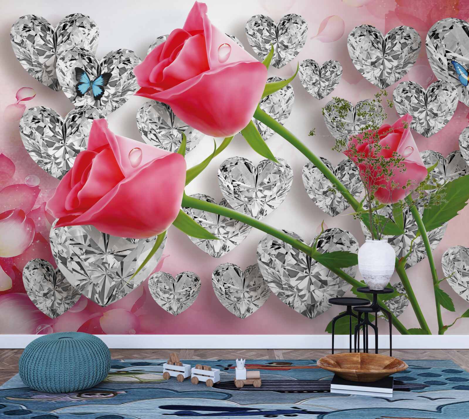Papier peint parmi les pierres précieuses fleurissent des boutons de roses roses