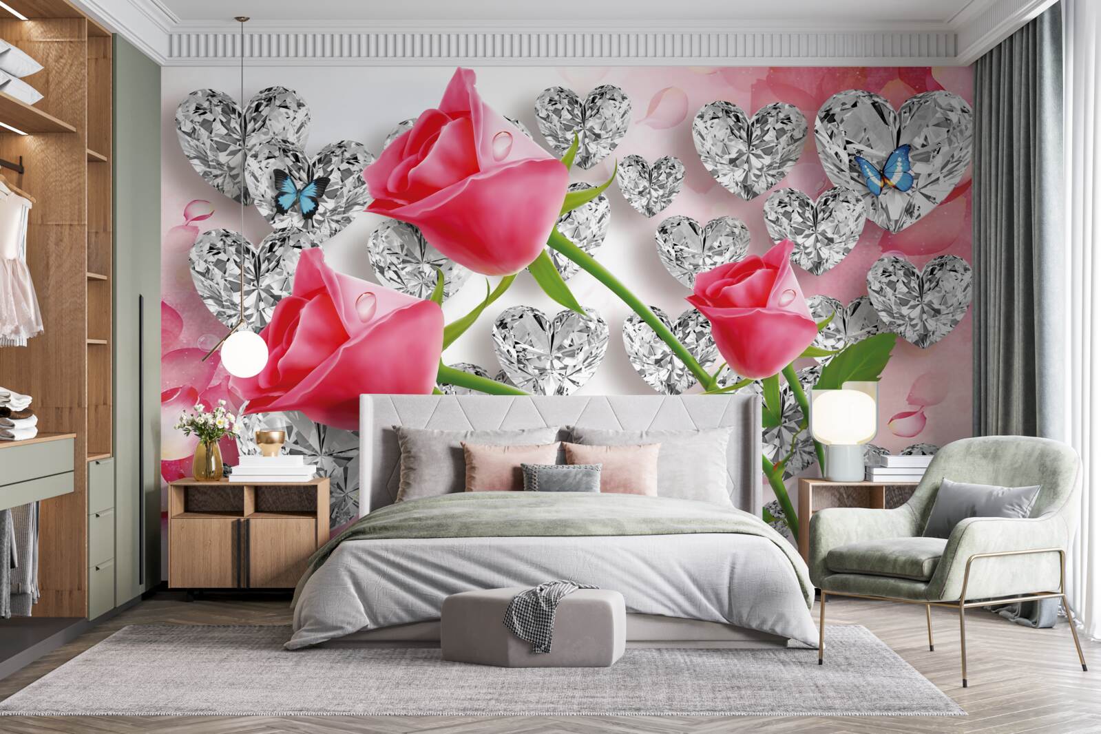 Papier peint parmi les pierres précieuses fleurissent des boutons de roses roses