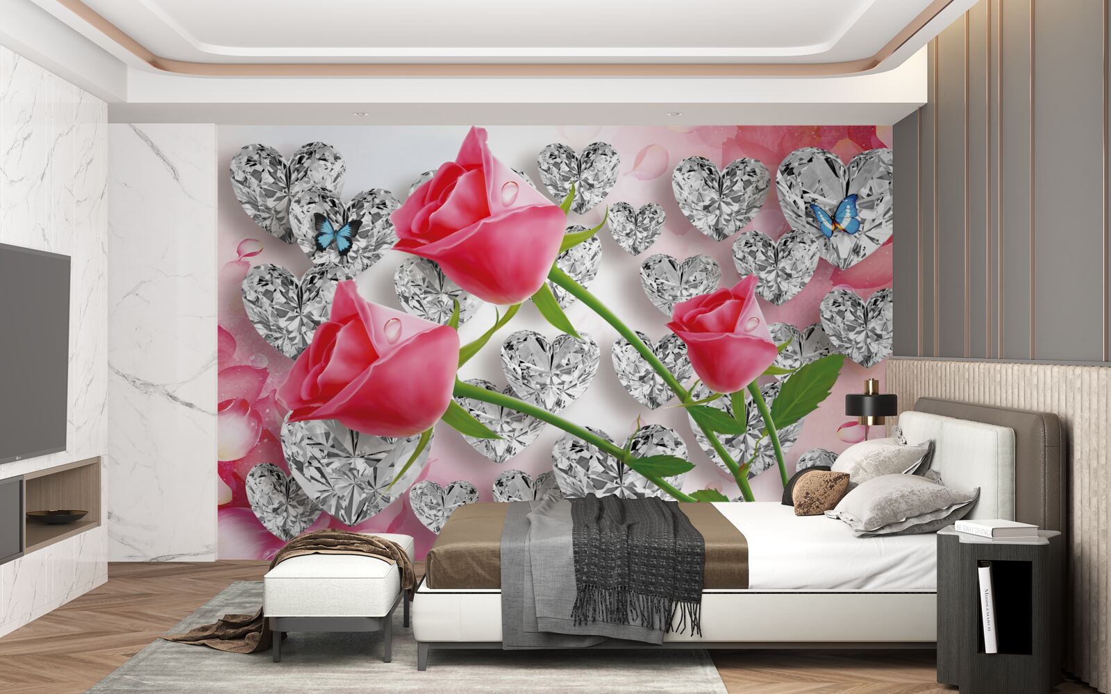 Papier peint parmi les pierres précieuses fleurissent des boutons de roses roses