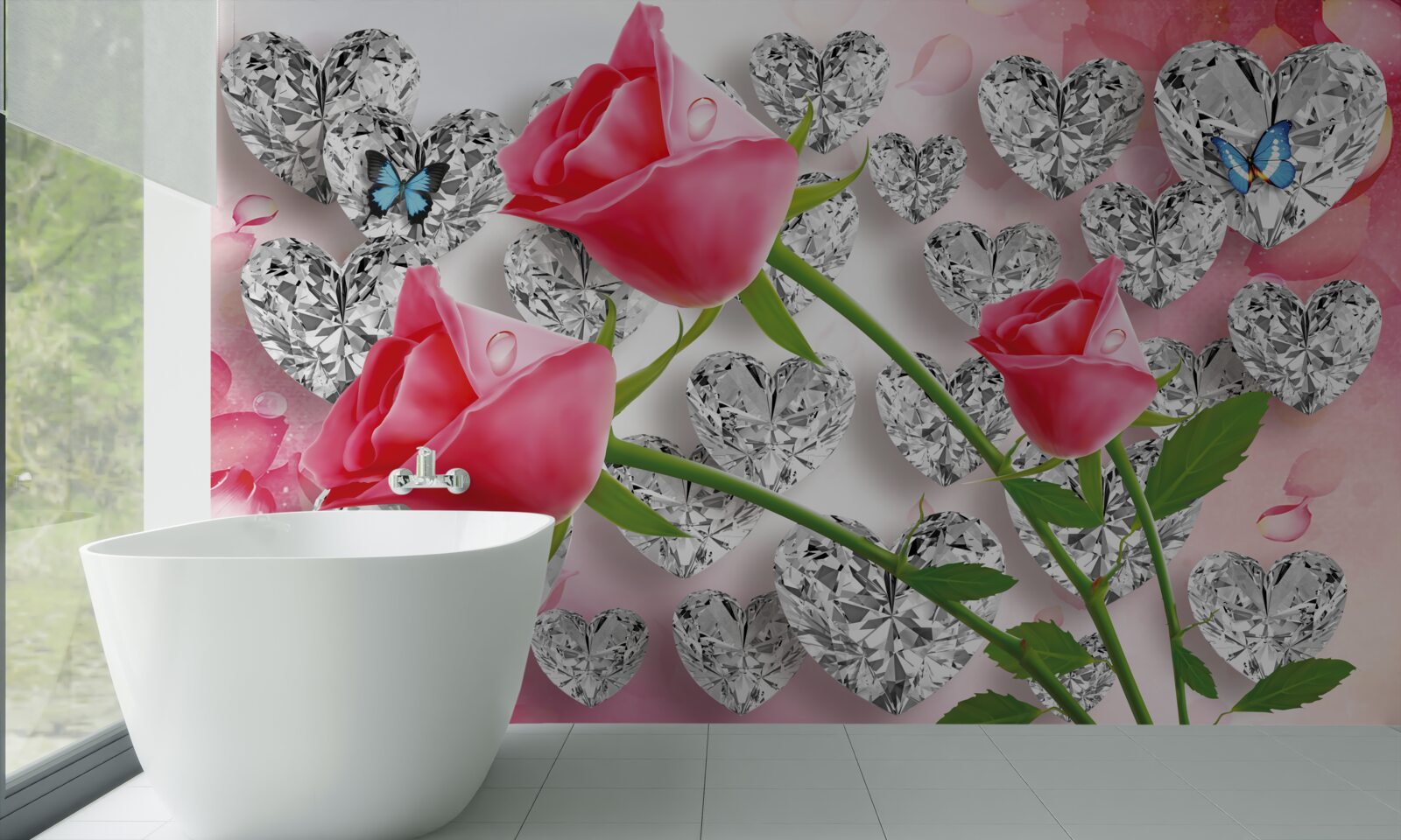 Papier peint parmi les pierres précieuses fleurissent des boutons de roses roses