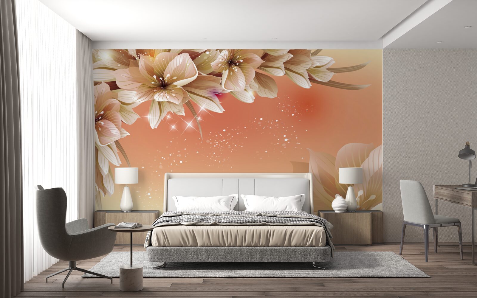 Papier peint fleurs blanches s'épanouissant sur une branche sur fond de coucher de soleil