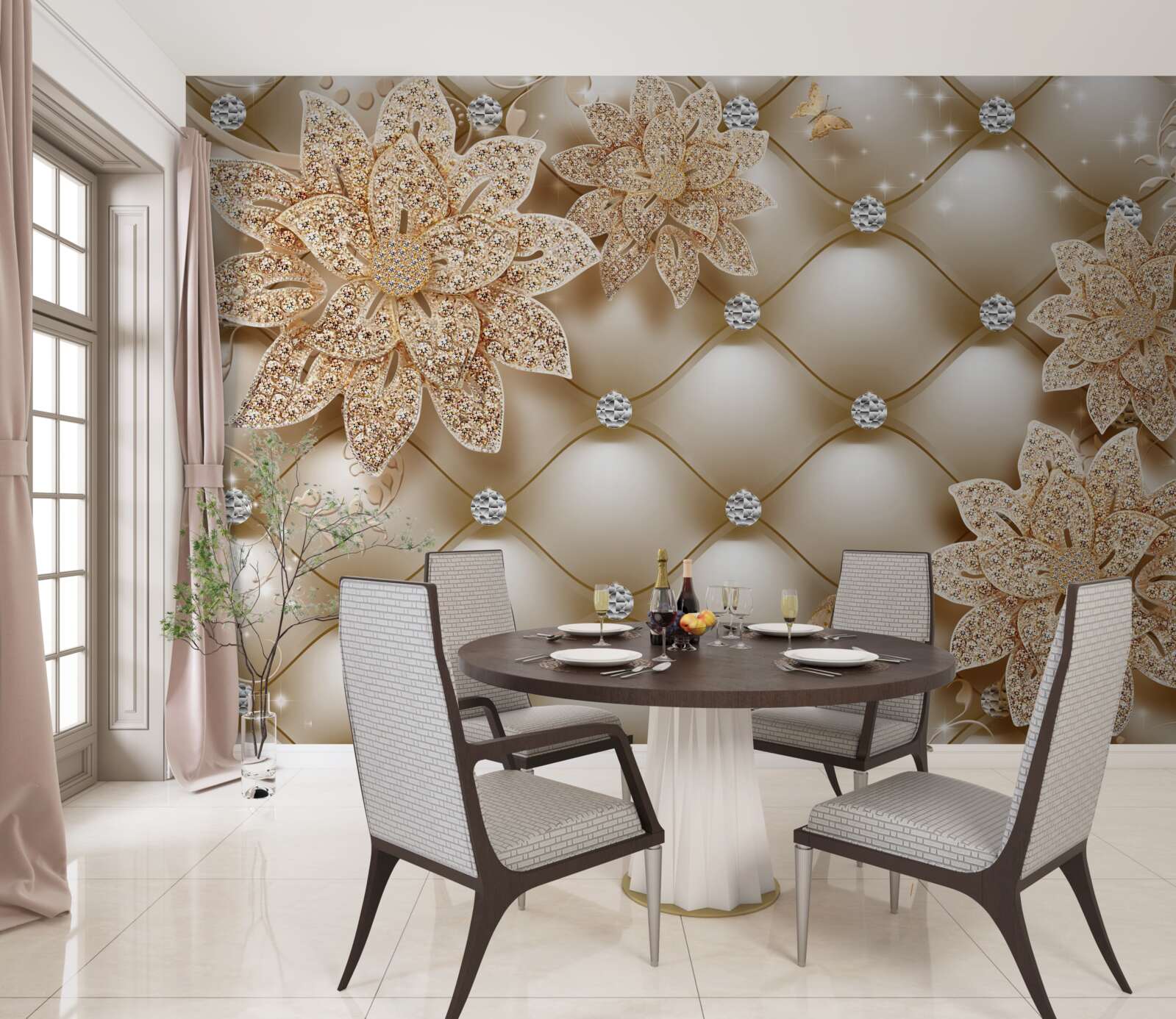 Papier peint fleurs en or, décorées de perles et de pierres fines
