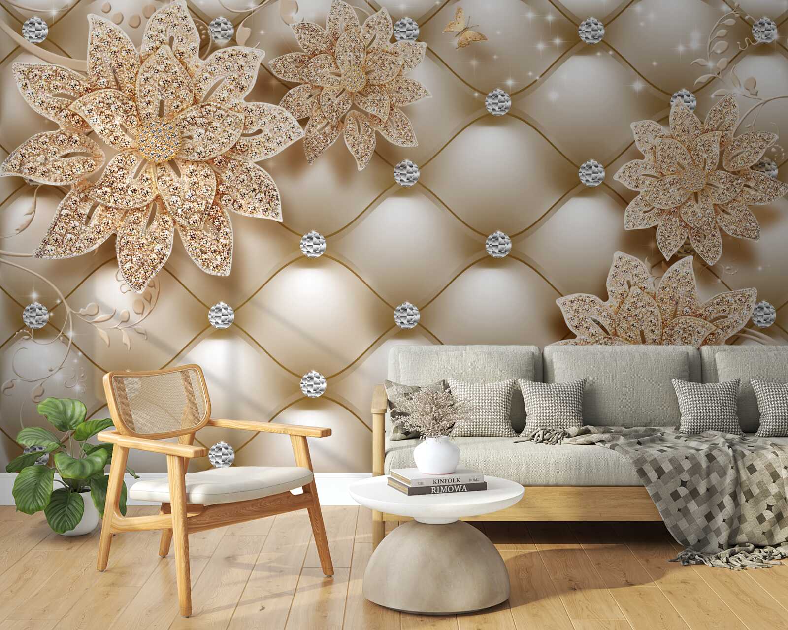Papier peint fleurs en or, décorées de perles et de pierres fines