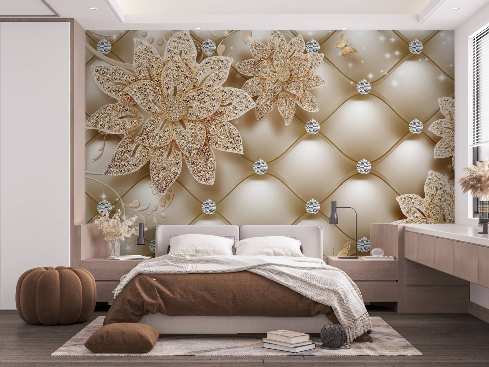 Papier peint fleurs en or, décorées de perles et de pierres fines